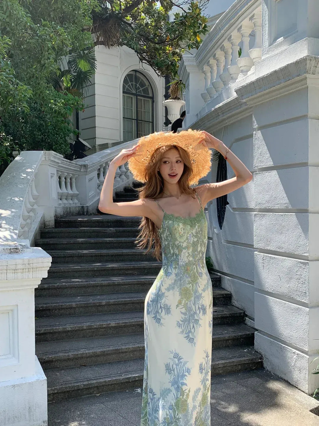 Dreamy Green Botanical Print Chiffon Lace Trim Maxi Dress