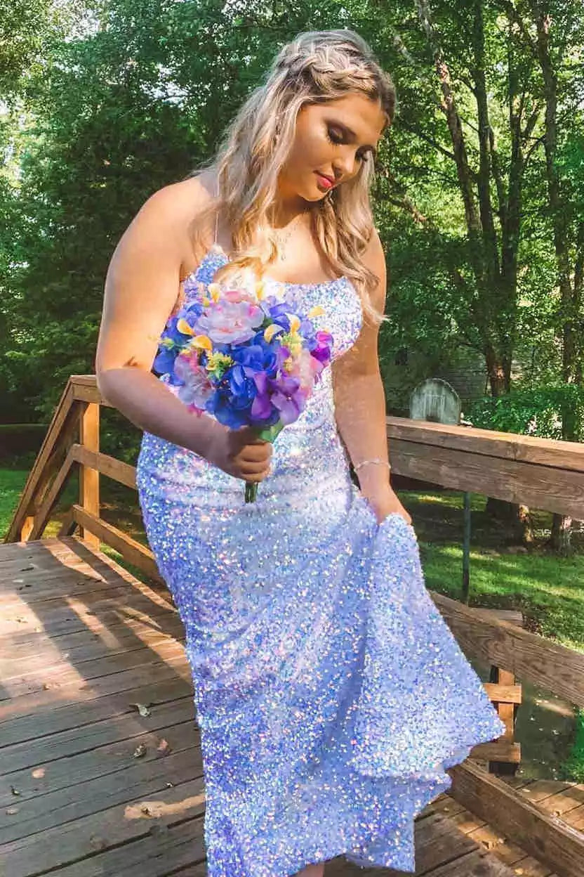 Dreamy Iridescent Lavender Sequin Mermaid Gown with String Back