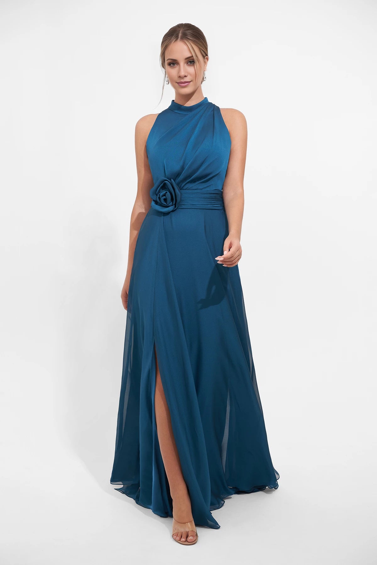 Dreamy Jade Tiffany Chiffon A-line Gown with Halter Neckline and Ruched Waistband with 3D Flower Mother of the Bride Dresses