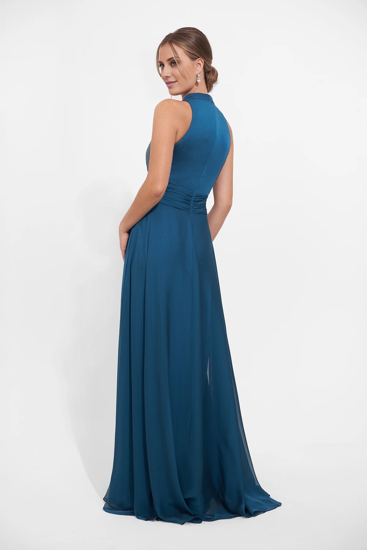 Dreamy Jade Tiffany Chiffon A-line Gown with Halter Neckline and Ruched Waistband with 3D Flower Mother of the Bride Dresses