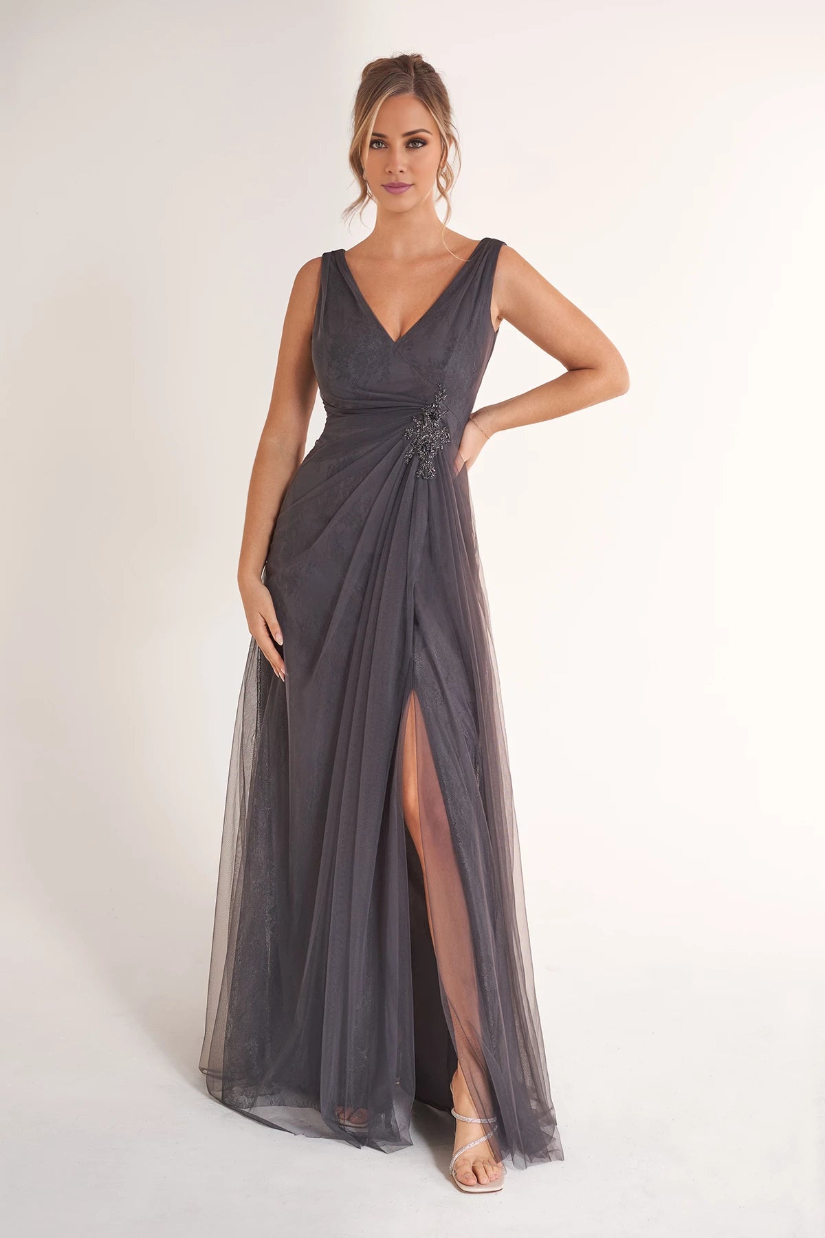 Dreamy Lace and Tulle A-Line Dress with V-Neckline and Hand Beaded Appliqued Waistline Mother of the Bride Dresses
