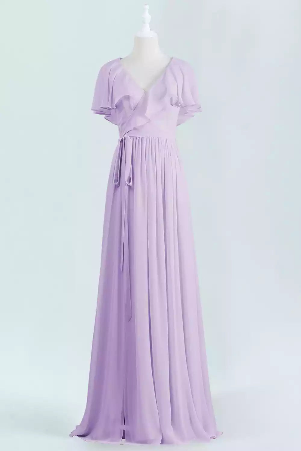 Dreamy Lavender Chiffon Gown with Flutter Cape Sleeves & Tie Waist