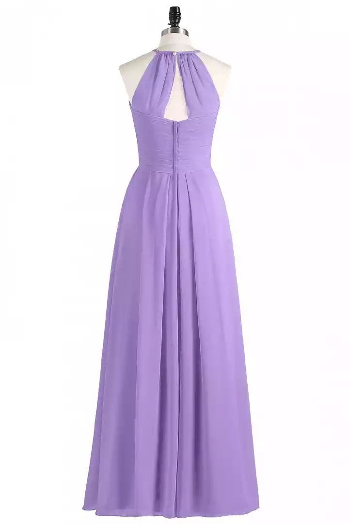 Dreamy Lavender Chiffon Gown with Halter Keyhole Back & Ruched Bodice