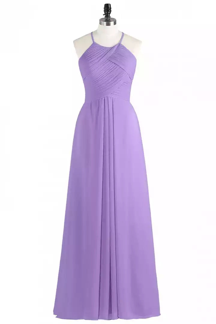 Dreamy Lavender Chiffon Gown with Halter Keyhole Back & Ruched Bodice