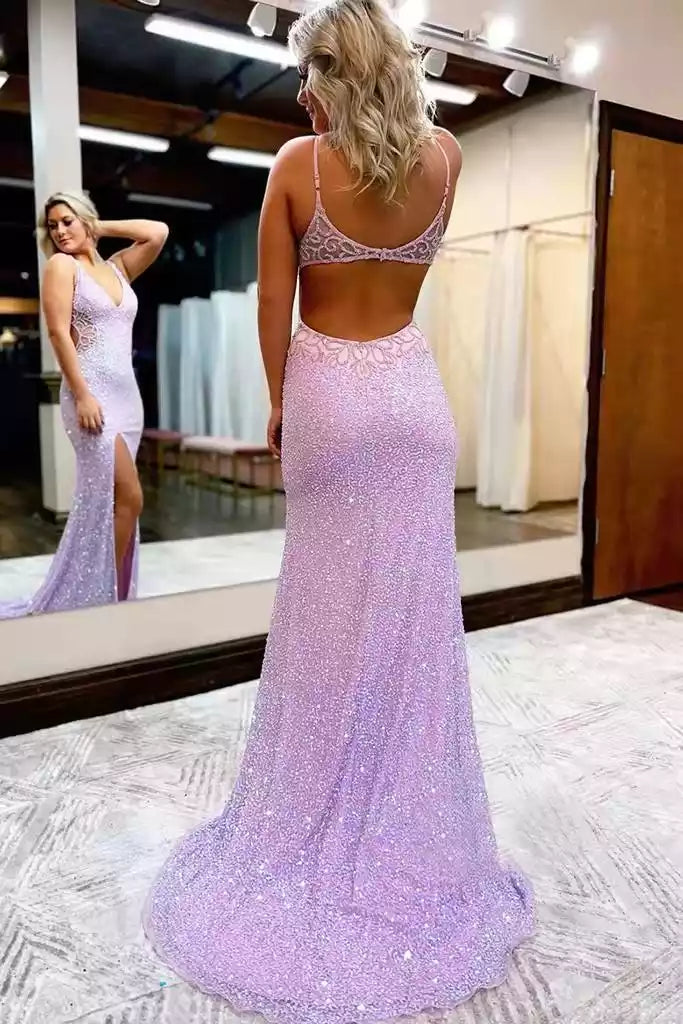 Dreamy Lavender Sequin Mermaid Gown with Cutout Bodice & High Slit