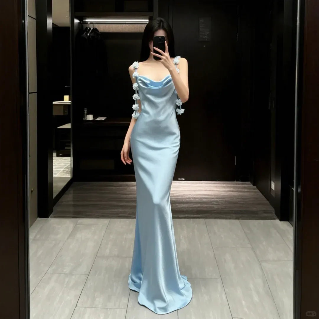 Dreamy Mermaid Cowl-Neck 3D-Floral Sky-Blue Satin Prom Dresses