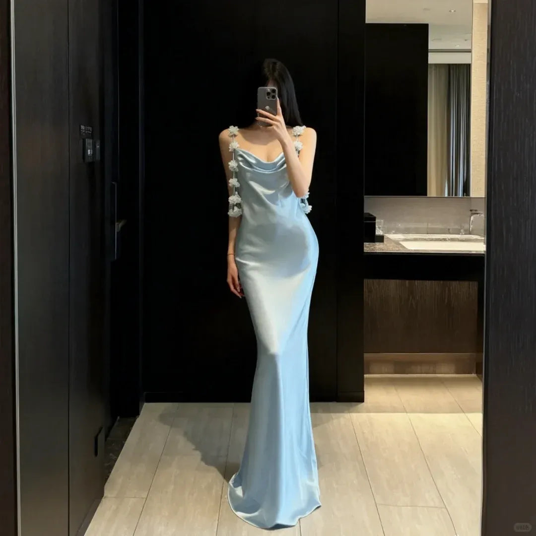 Dreamy Mermaid Cowl-Neck 3D-Floral Sky-Blue Satin Prom Dresses