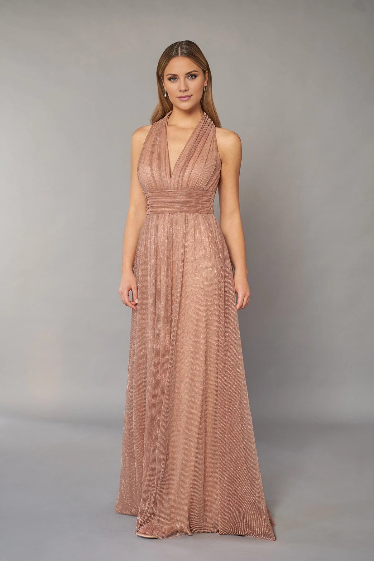 Dreamy Metallic Pleated Chiffon Gown with Plunging V-Neckline and Wide Waistband Mother of the Bride Dresses