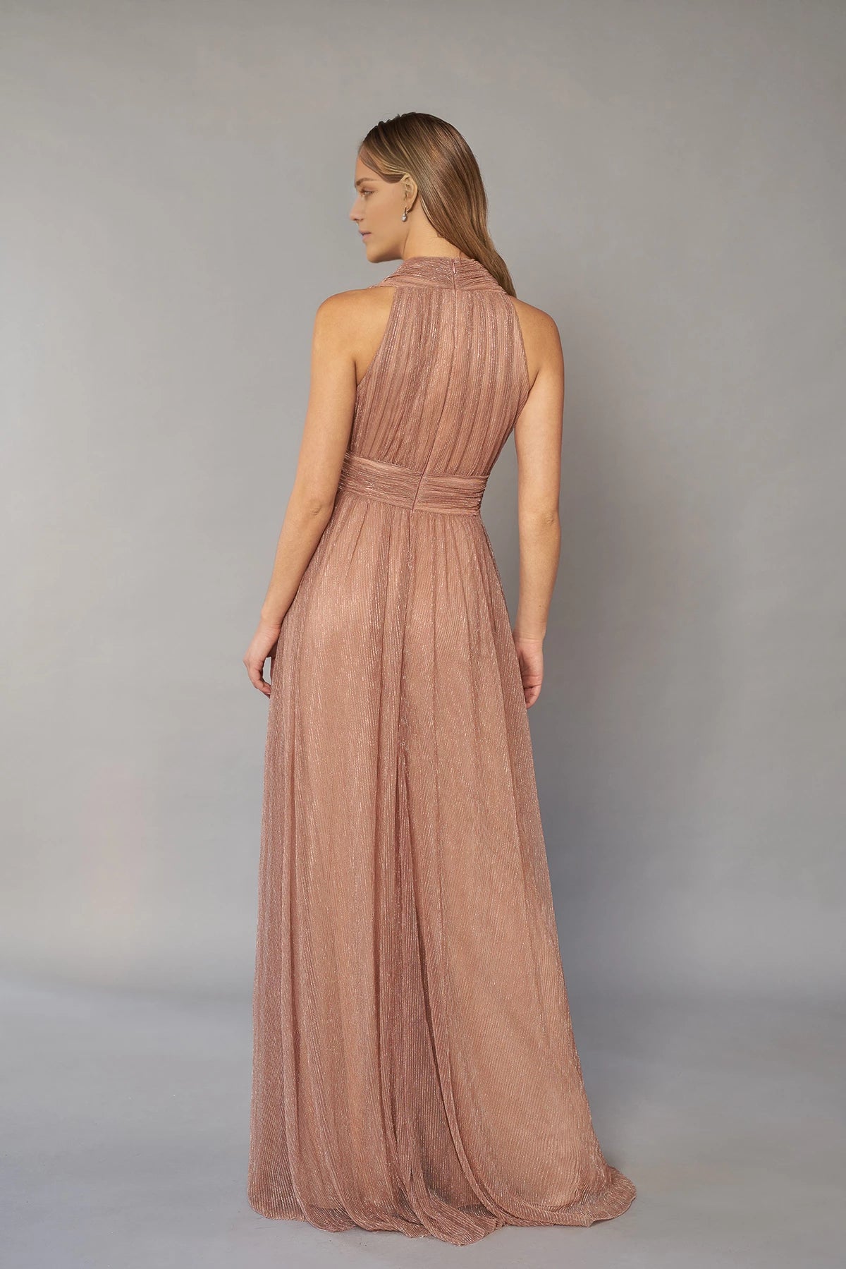 Dreamy Metallic Pleated Chiffon Gown with Plunging V-Neckline and Wide Waistband Mother of the Bride Dresses