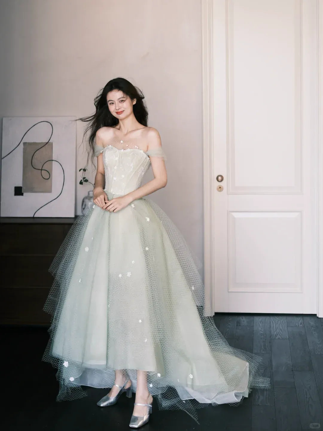Dreamy Off-The-Shoulder 3D Floral Sage Tulle Gown