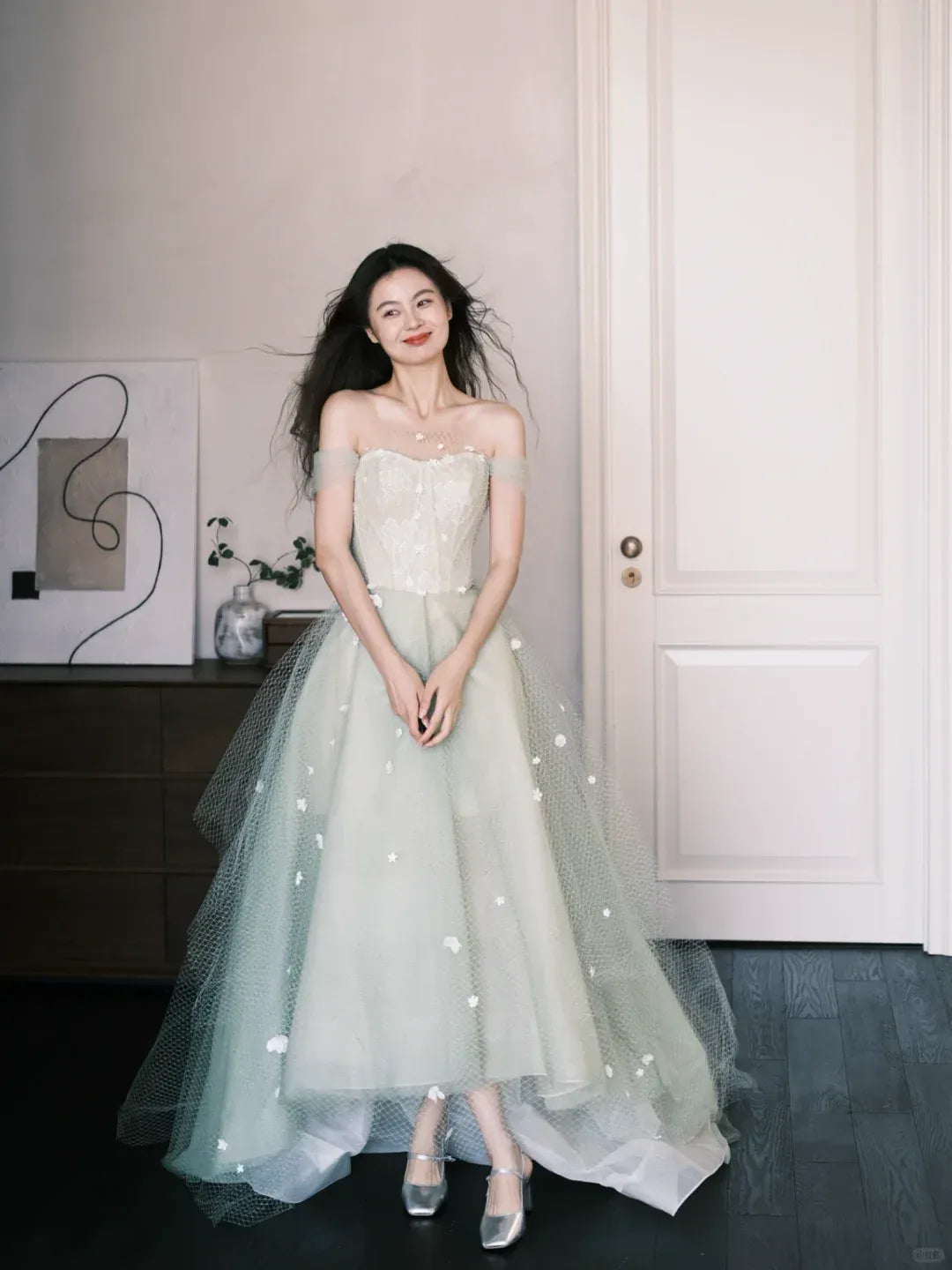 Dreamy Off-The-Shoulder 3D Floral Sage Tulle Gown