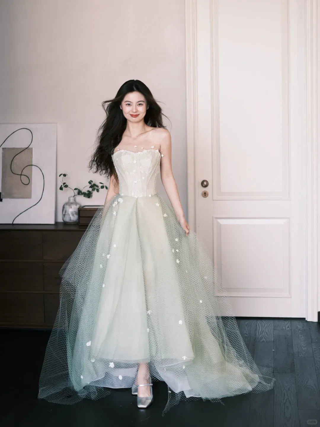 Dreamy Off-The-Shoulder 3D Floral Sage Tulle Gown