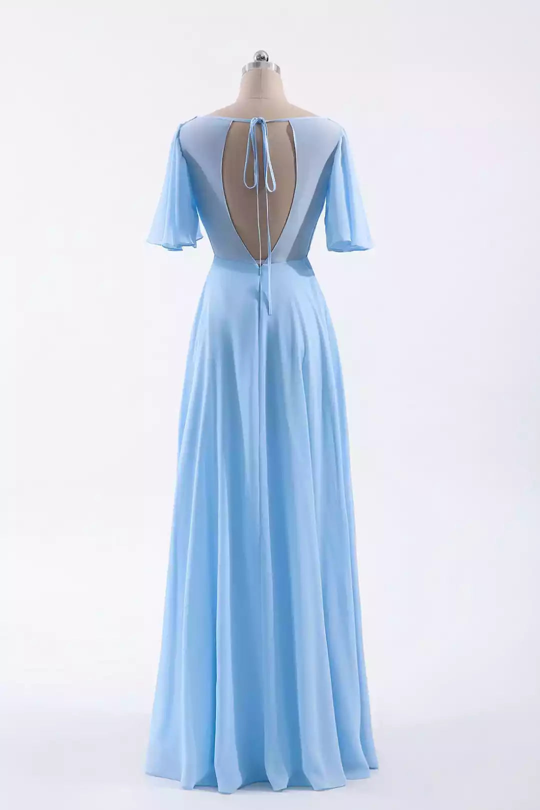 Dreamy Sky Blue Chiffon Gown with Flutter Sleeves & Keyhole Back