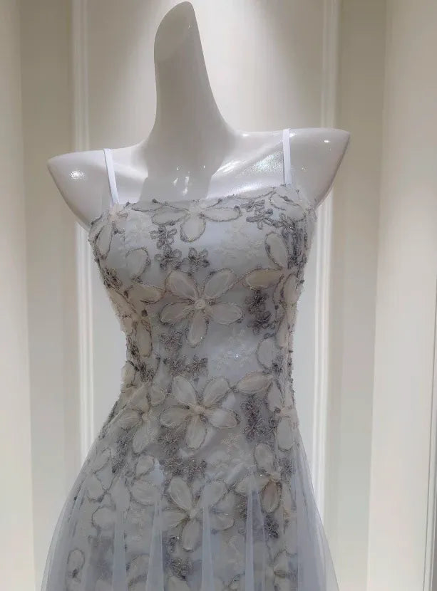 Dreamy Spaghetti-Strap Silver Floral Light Blue Tulle Gown