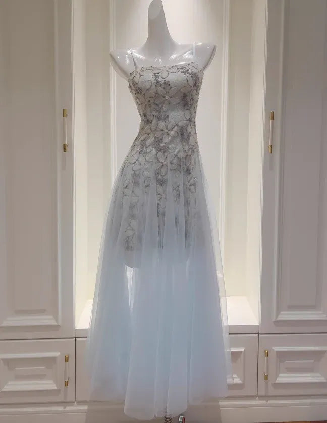 Dreamy Spaghetti-Strap Silver Floral Light Blue Tulle Gown