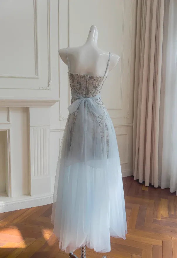 Dreamy Spaghetti-Strap Silver Floral Light Blue Tulle Gown