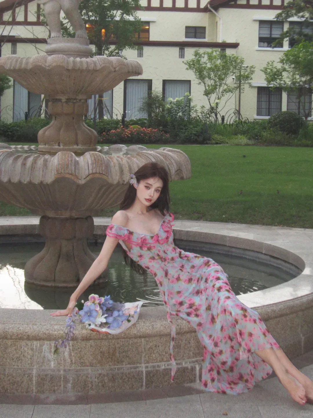Dreamy Watercolor Floral Mint Chiffon Off-The-Shoulder Maxi Dress