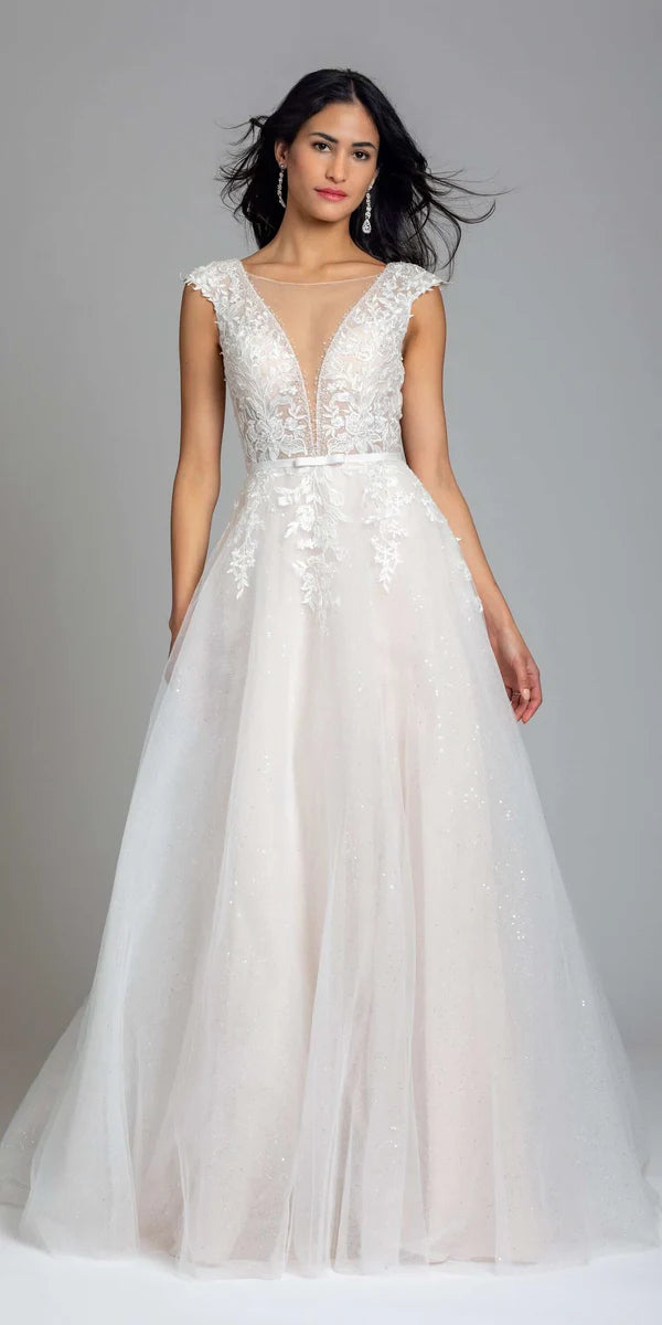 Dreamy Tulle Wedding Dress with Illusion Neckline, Lace Appliqués and Sweeping Train