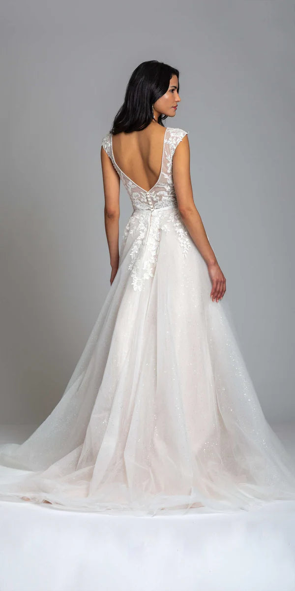 Dreamy Tulle Wedding Dress with Illusion Neckline, Lace Appliqués and Sweeping Train