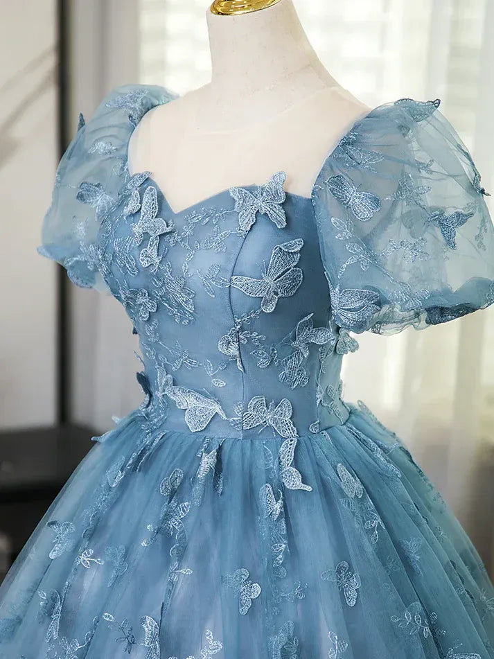 Dusty Blue 3D Butterfly Tulle Ball Gown – Puff Sleeve Sweetheart Neck Prom Dress with Lace-Up Back