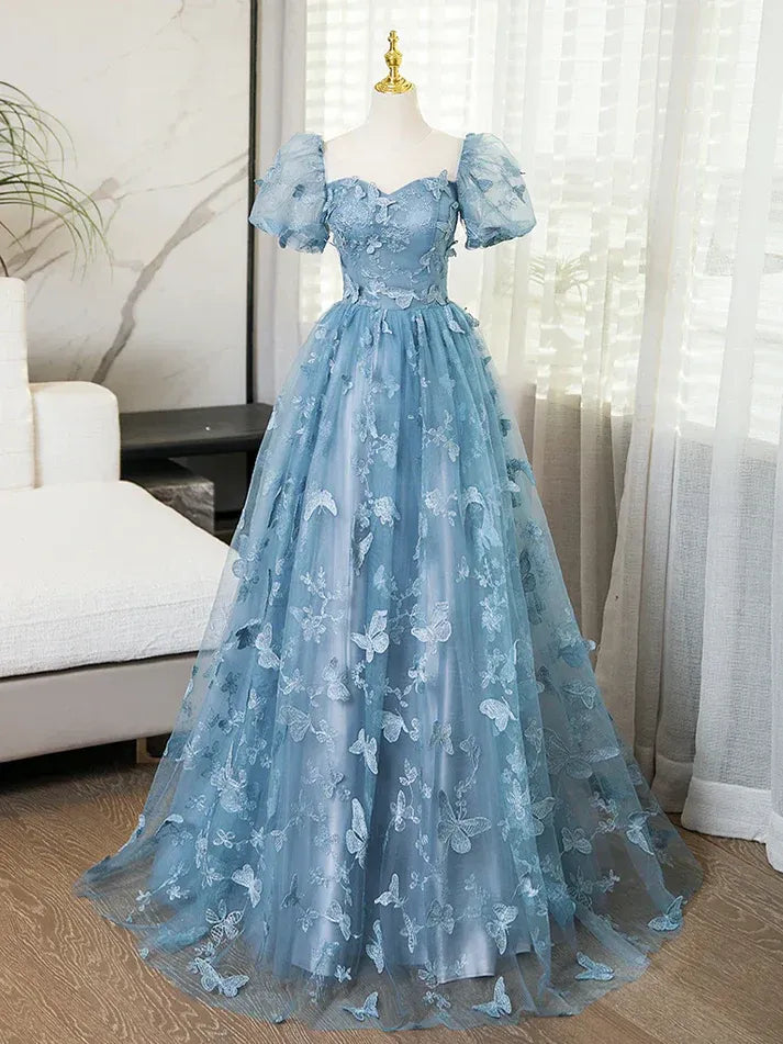 Dusty Blue 3D Butterfly Tulle Ball Gown – Puff Sleeve Sweetheart Neck Prom Dress with Lace-Up Back