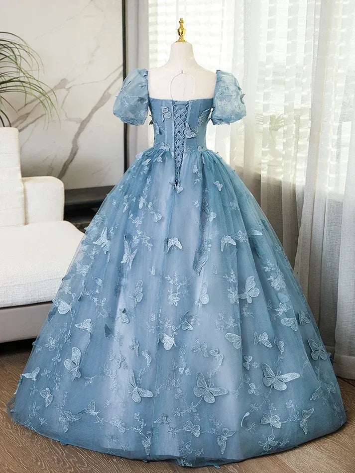 Dusty Blue 3D Butterfly Tulle Ball Gown – Puff Sleeve Sweetheart Neck Prom Dress with Lace-Up Back