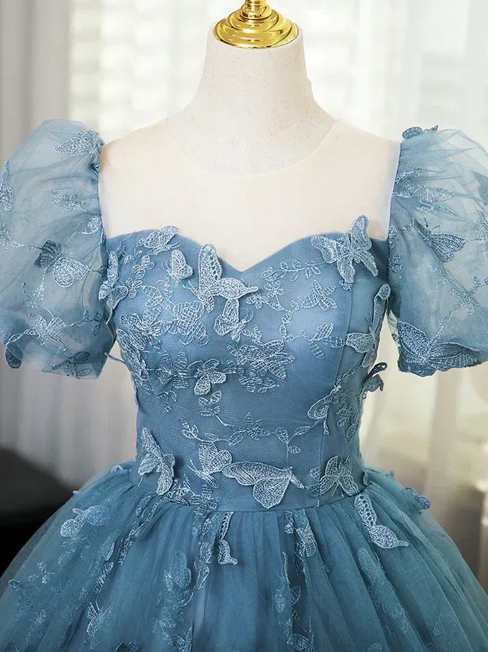 Dusty Blue 3D Butterfly Tulle Ball Gown – Puff Sleeve Sweetheart Neck Prom Dress with Lace-Up Back