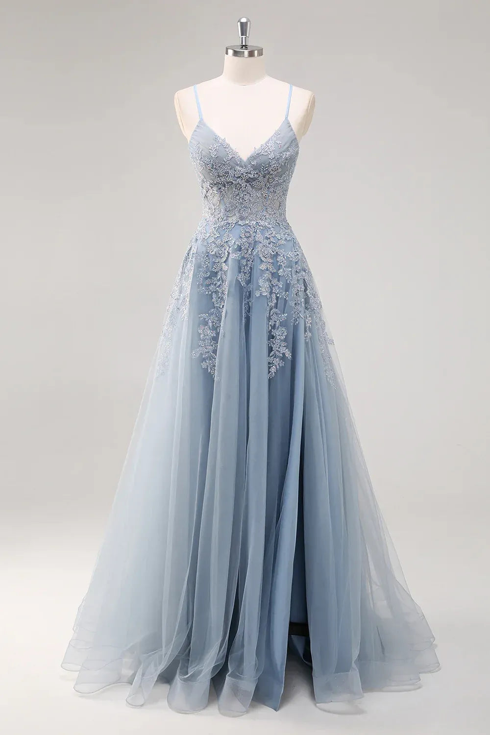 Dusty Blue Beaded Lace Tulle A-Line Gown with Side Slit