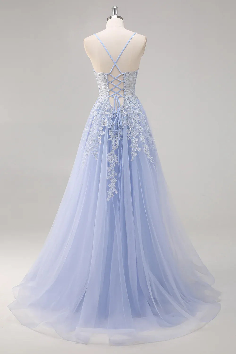 Dusty Blue Beaded Lace Tulle A-Line Gown with Side Slit