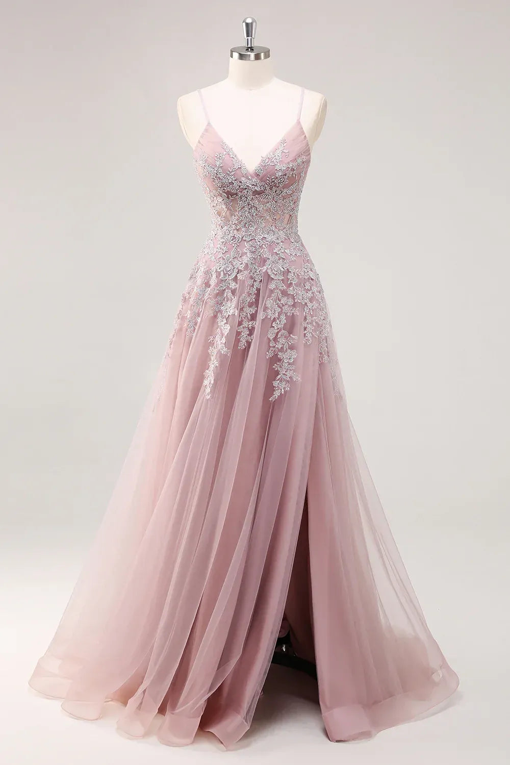 Dusty Blue Beaded Lace Tulle A-Line Gown with Side Slit