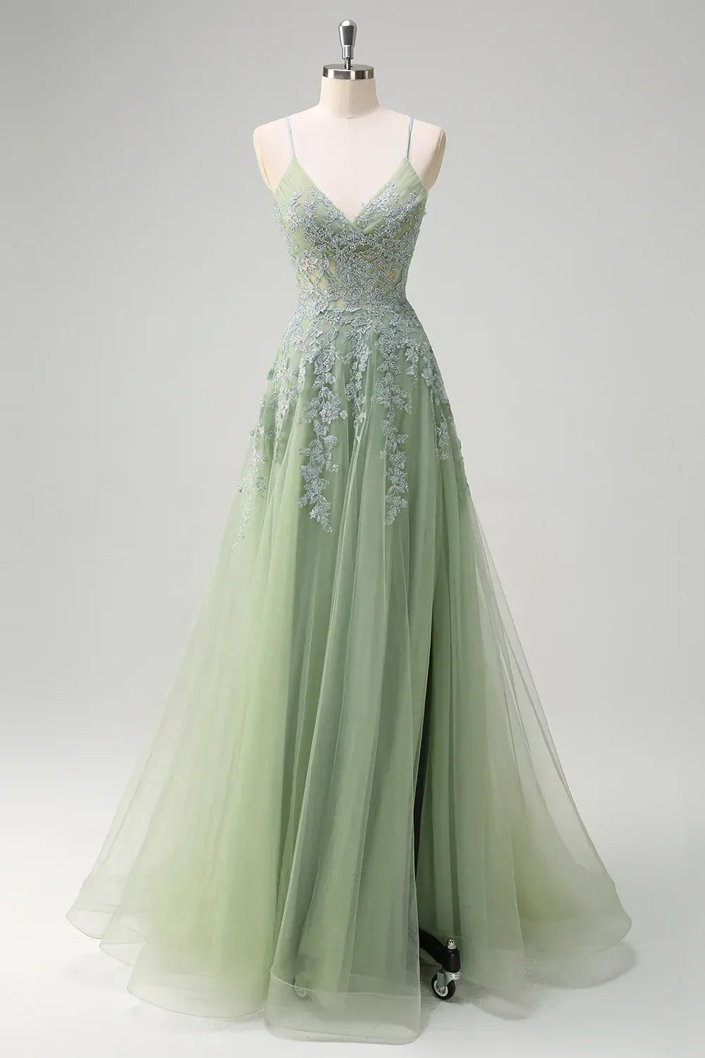 Dusty Blue Beaded Lace Tulle A-Line Gown with Side Slit