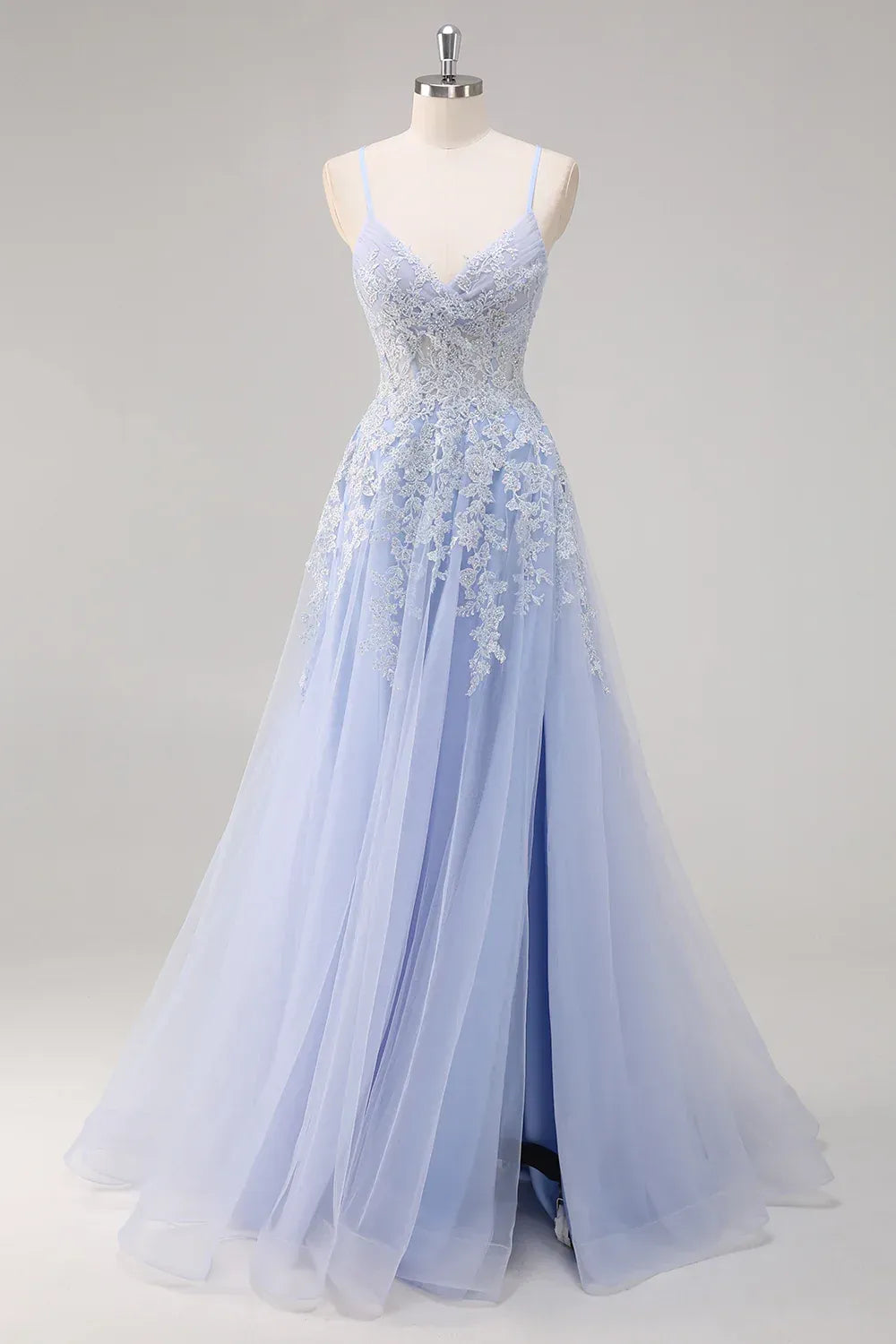 Dusty Blue Beaded Lace Tulle A-Line Gown with Side Slit