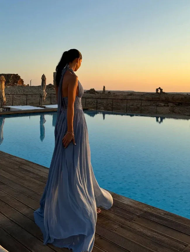 Dusty Blue Halter Neck Corset Chiffon Maxi Gown
