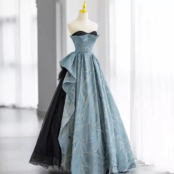 Dusty Blue Leaf-Embroidered Strapless Gown with Ruffled Overlay