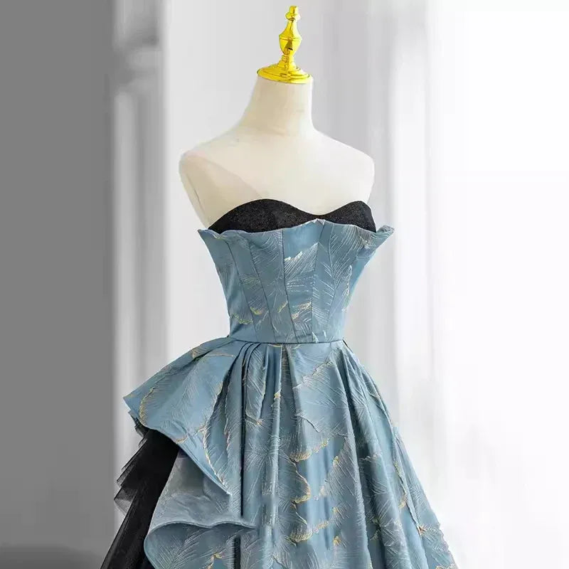 Dusty Blue Leaf-Embroidered Strapless Gown with Ruffled Overlay