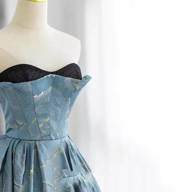 Dusty Blue Leaf-Embroidered Strapless Gown with Ruffled Overlay