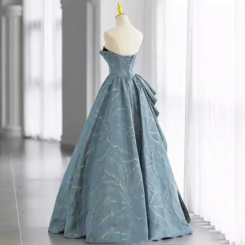 Dusty Blue Leaf-Embroidered Strapless Gown with Ruffled Overlay