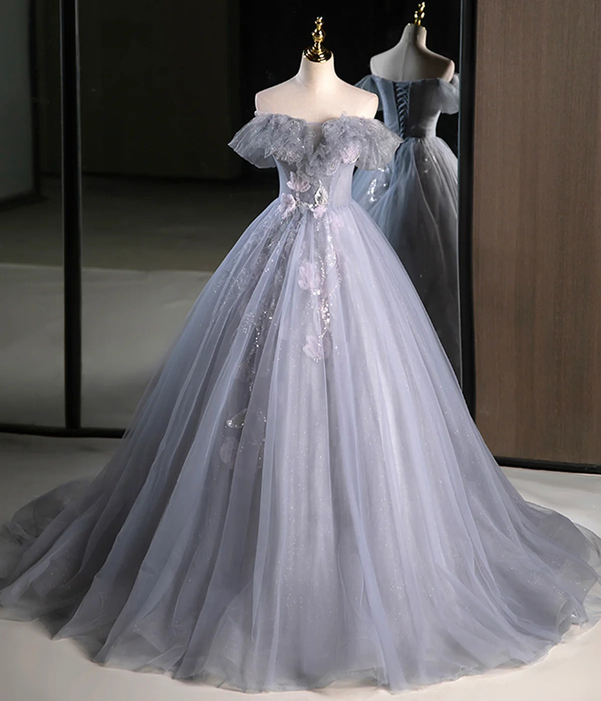 Dusty Blue Off-the-Shoulder Ruffle Tulle Ball Gown with Lace Appliqué