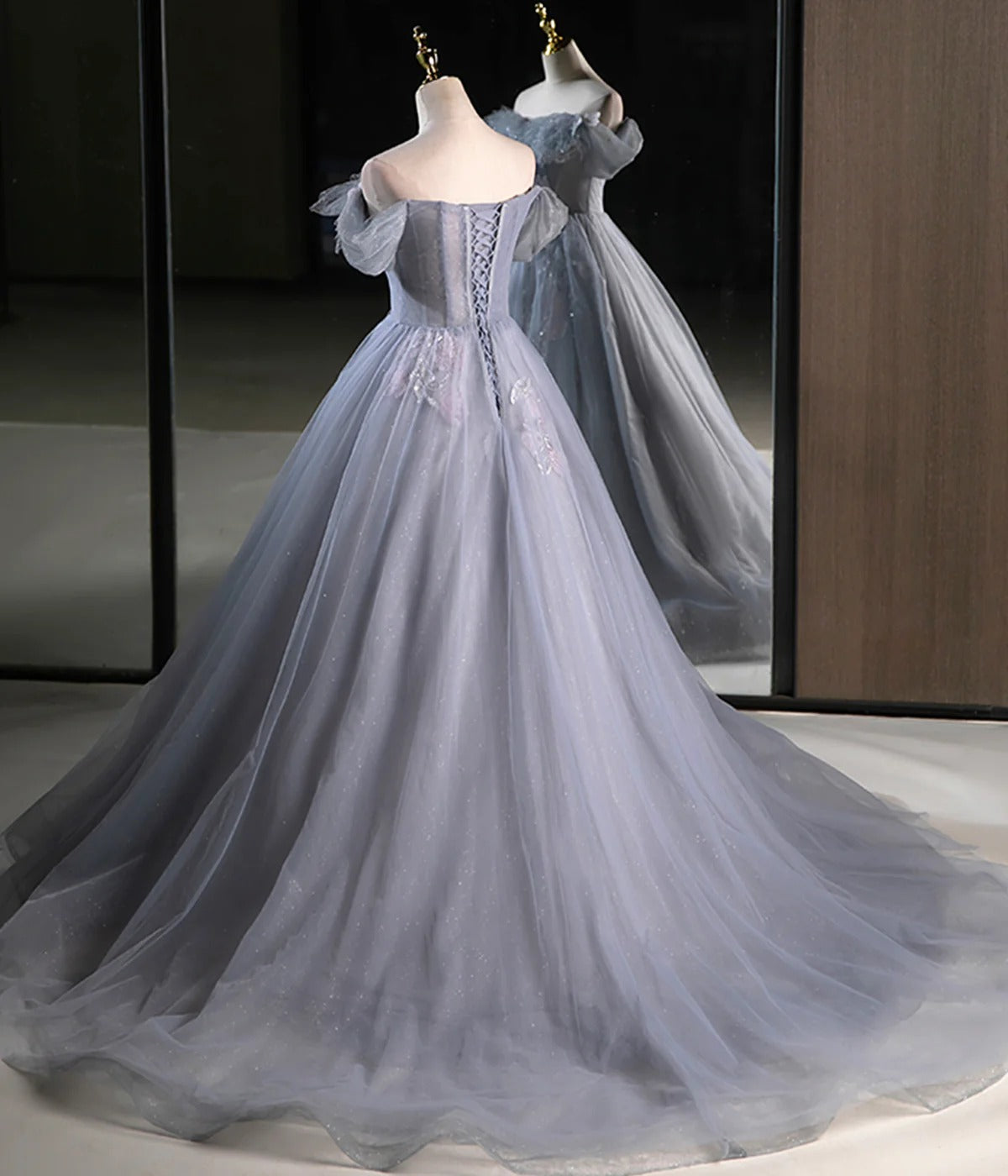 Dusty Blue Off-the-Shoulder Ruffle Tulle Ball Gown with Lace Appliqué