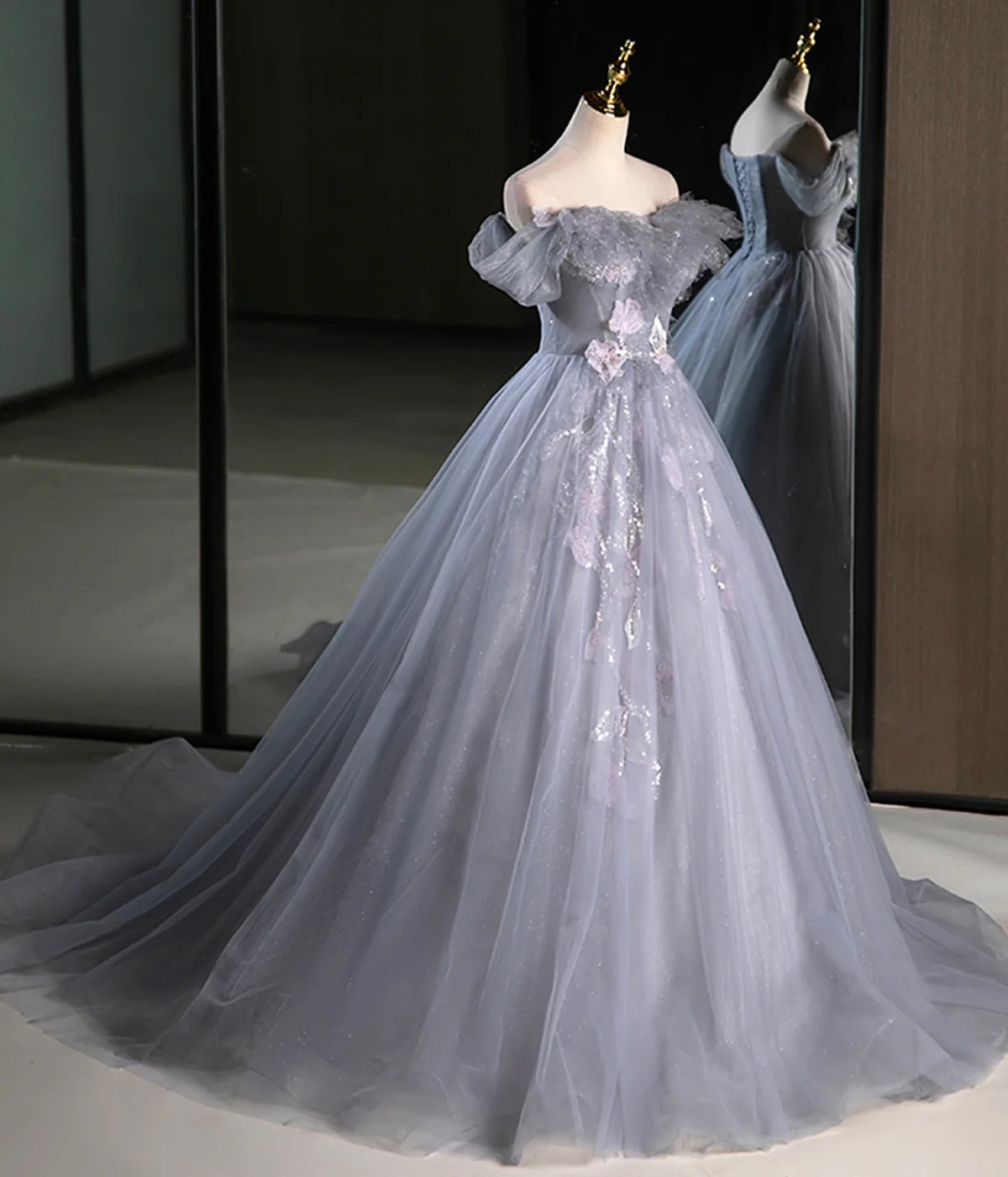 Dusty Blue Off-the-Shoulder Ruffle Tulle Ball Gown with Lace Appliqué