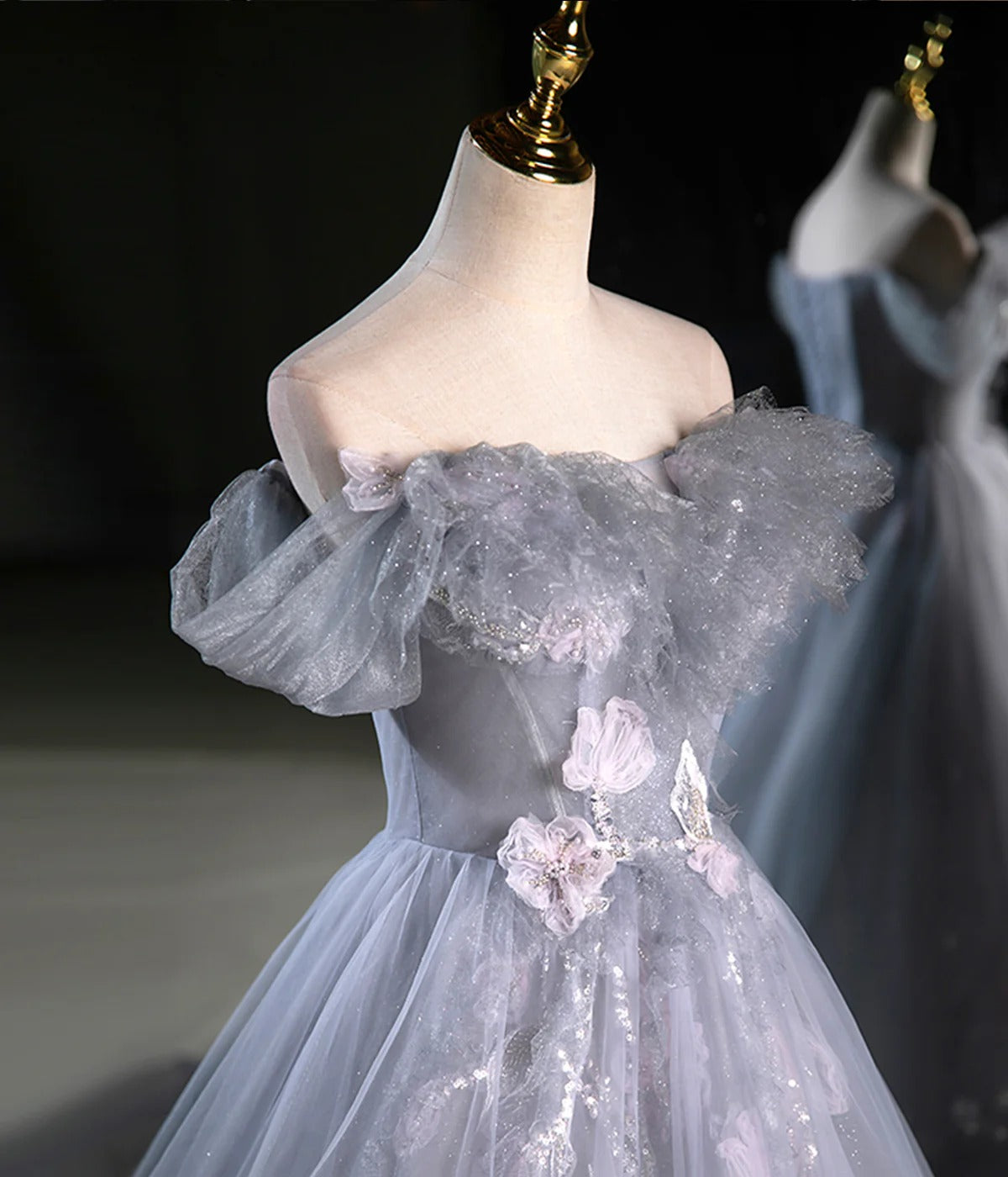 Dusty Blue Off-the-Shoulder Ruffle Tulle Ball Gown with Lace Appliqué
