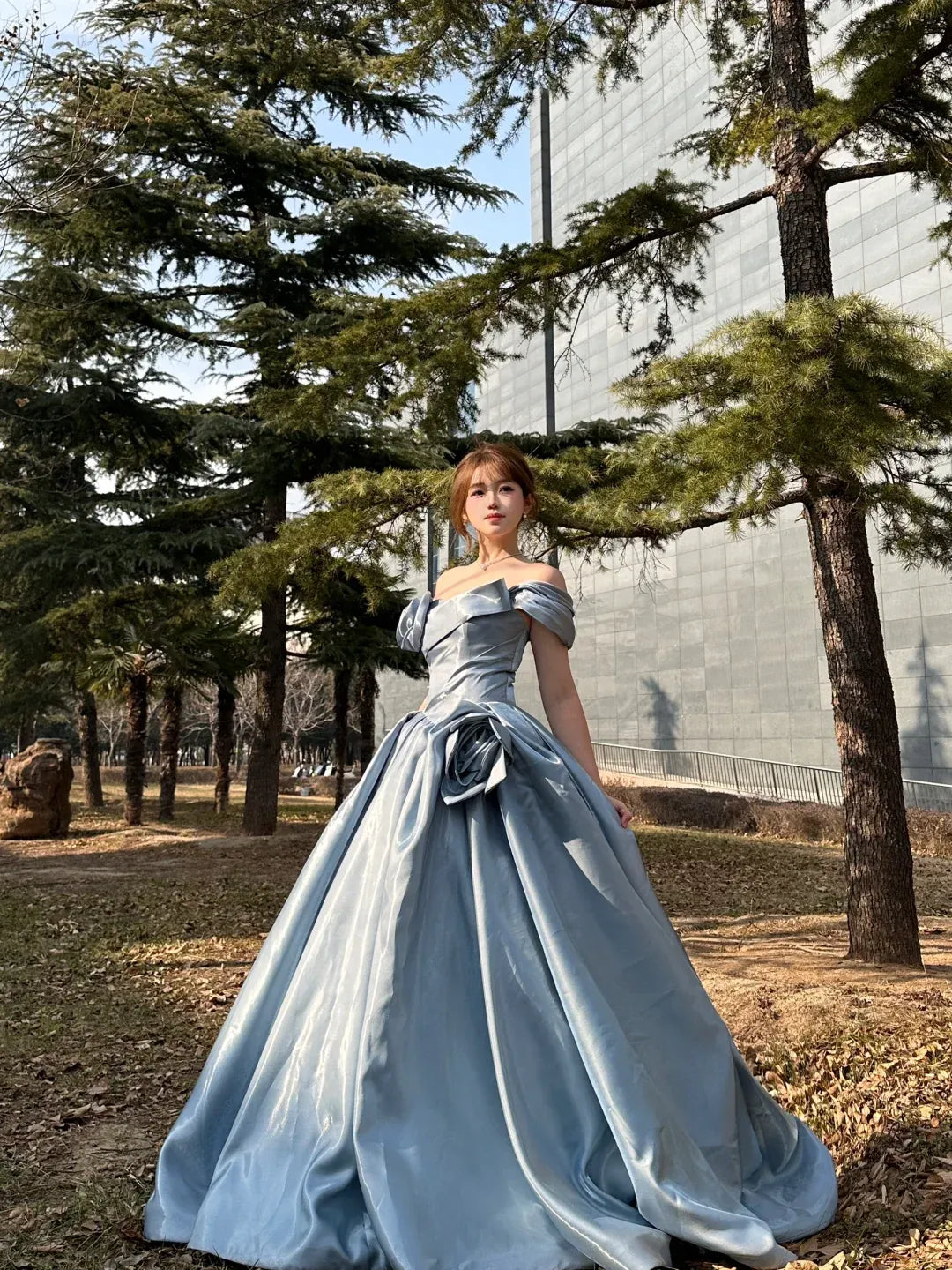 Dusty Blue Off-the-Shoulder Satin Ball Gown with 3D Floral Appliqués