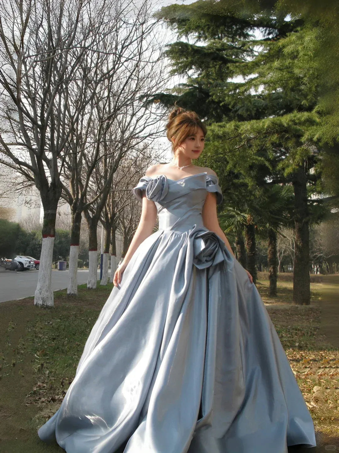 Dusty Blue Off-the-Shoulder Satin Ball Gown with 3D Floral Appliqués