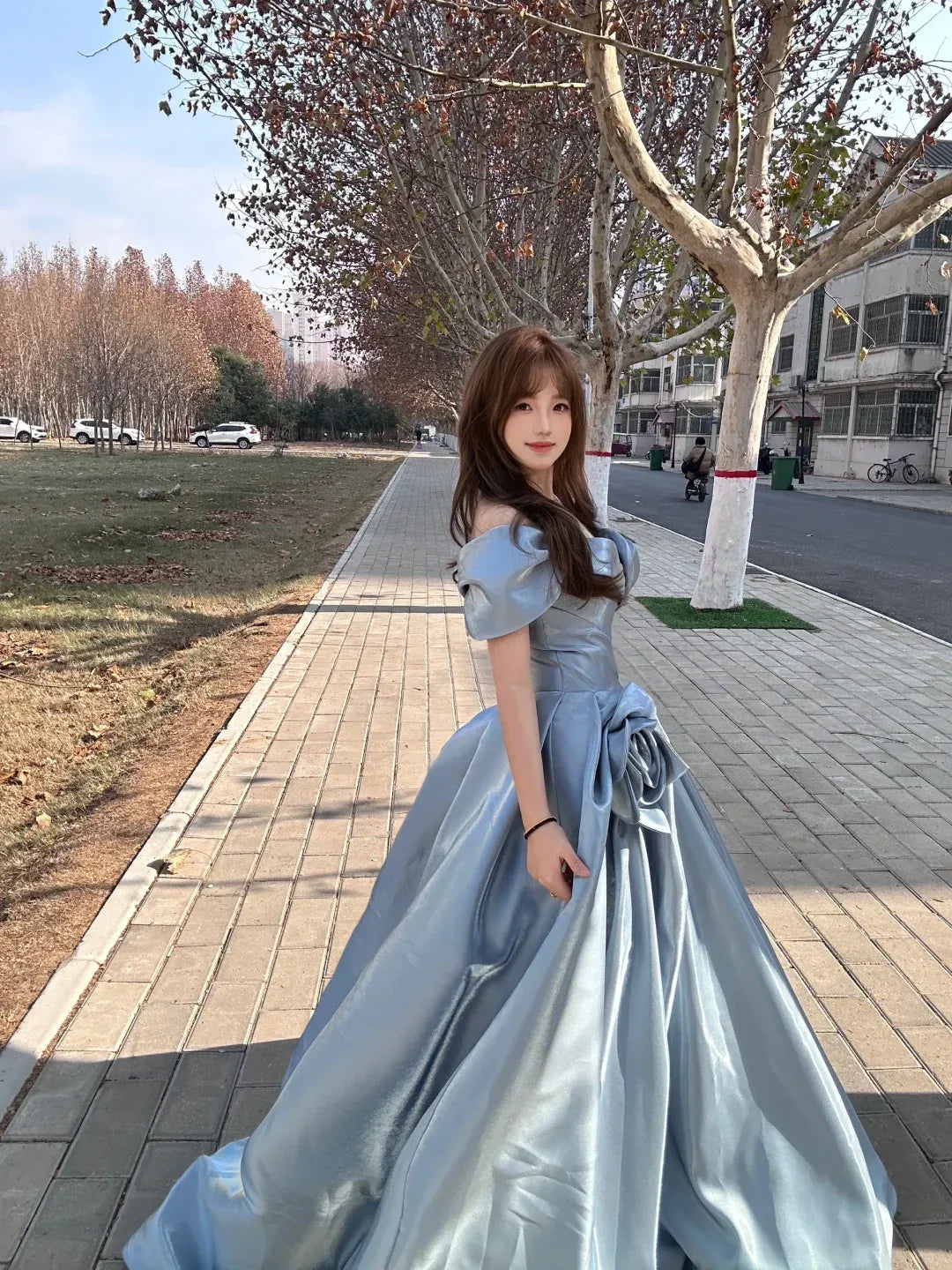 Dusty Blue Off-the-Shoulder Satin Ball Gown with 3D Floral Appliqués