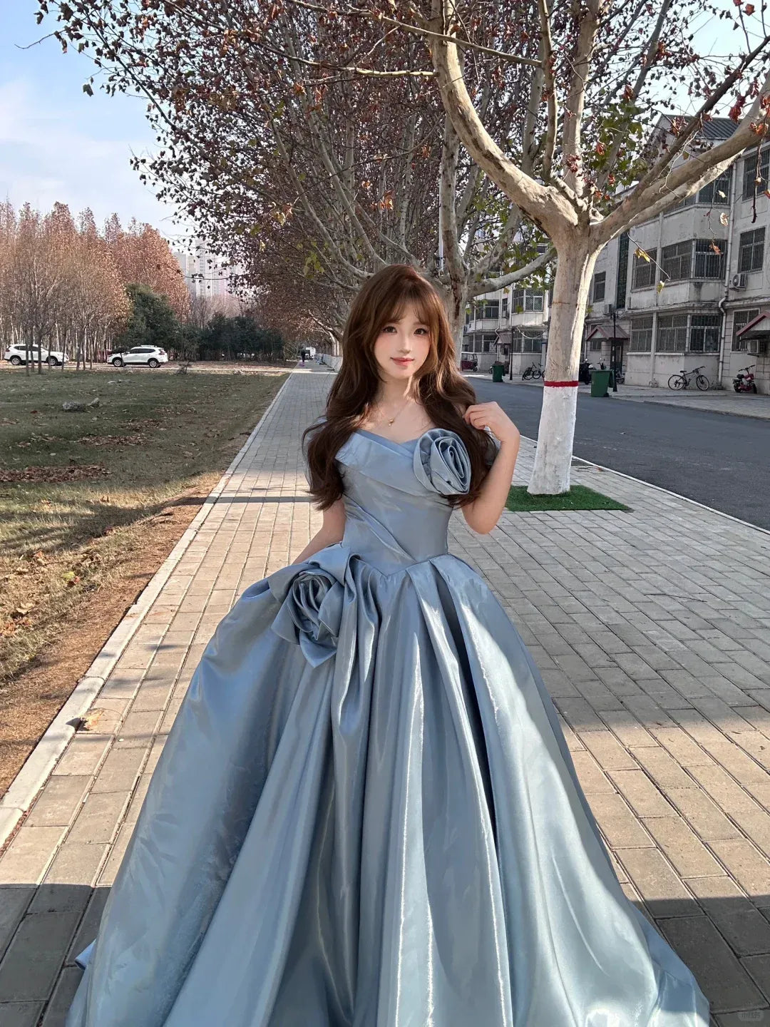 Dusty Blue Off-the-Shoulder Satin Ball Gown with 3D Floral Appliqués