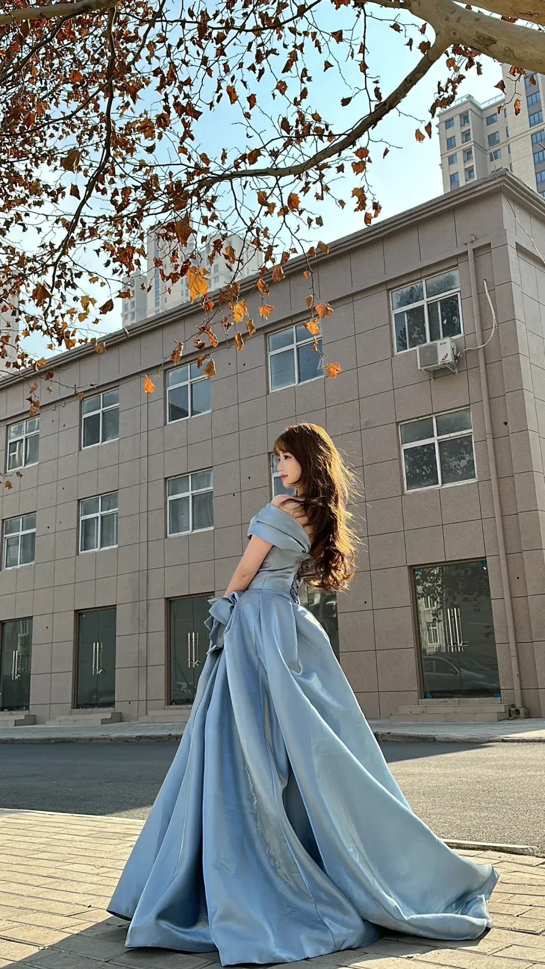 Dusty Blue Off-the-Shoulder Satin Ball Gown with 3D Floral Appliqués