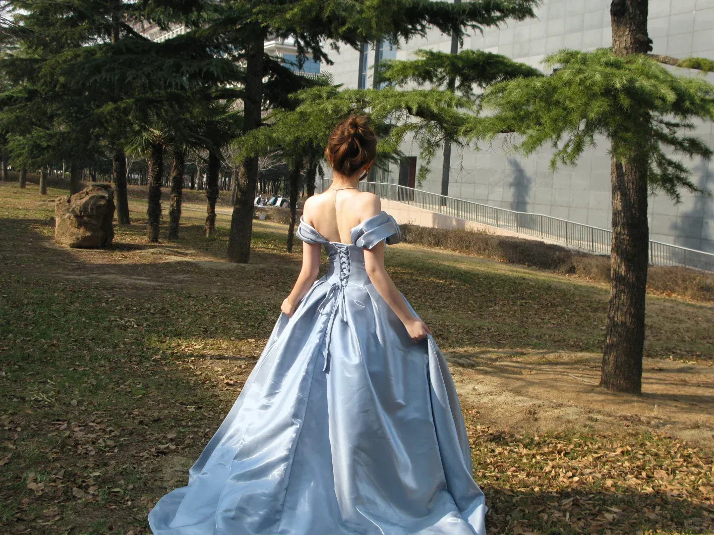 Dusty Blue Off-the-Shoulder Satin Ball Gown with 3D Floral Appliqués