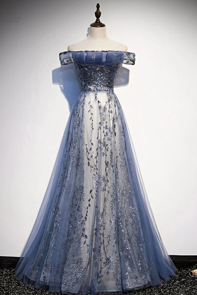 Dusty Blue Off-the-Shoulder Tulle Gown – Floral Lace Prom Dress with Lace-Up Back