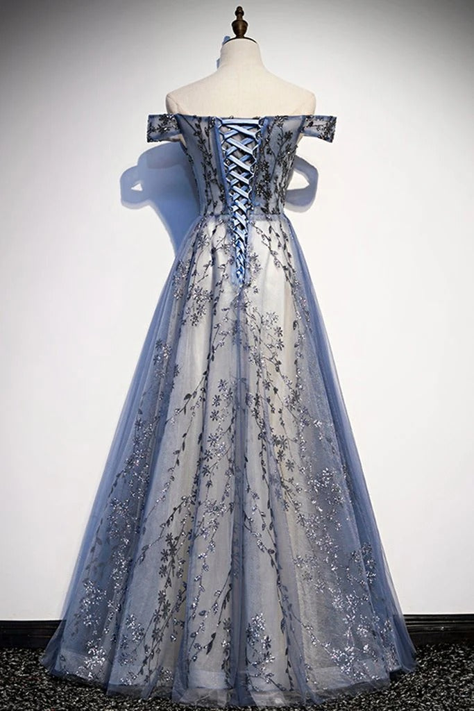 Dusty Blue Off-the-Shoulder Tulle Gown – Floral Lace Prom Dress with Lace-Up Back