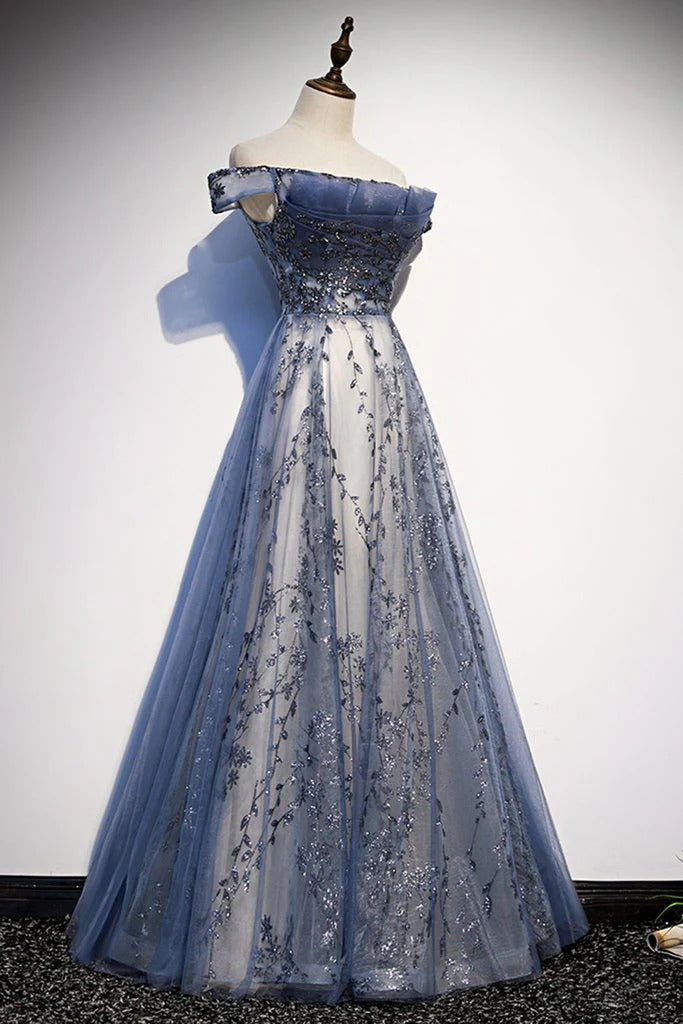 Dusty Blue Off-the-Shoulder Tulle Gown – Floral Lace Prom Dress with Lace-Up Back